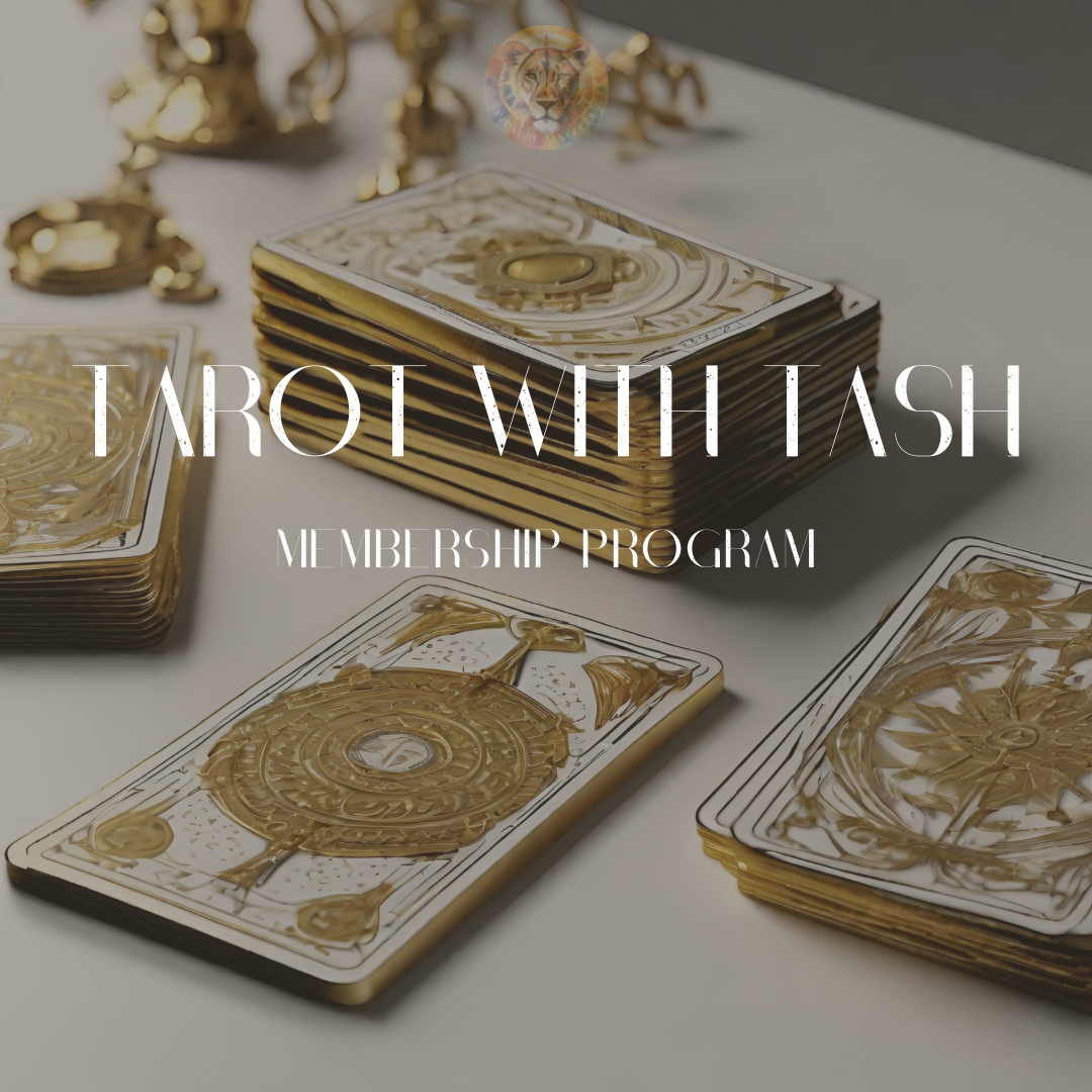Tarot with Tash membership program graphic image with gold foil trim tarot cards.