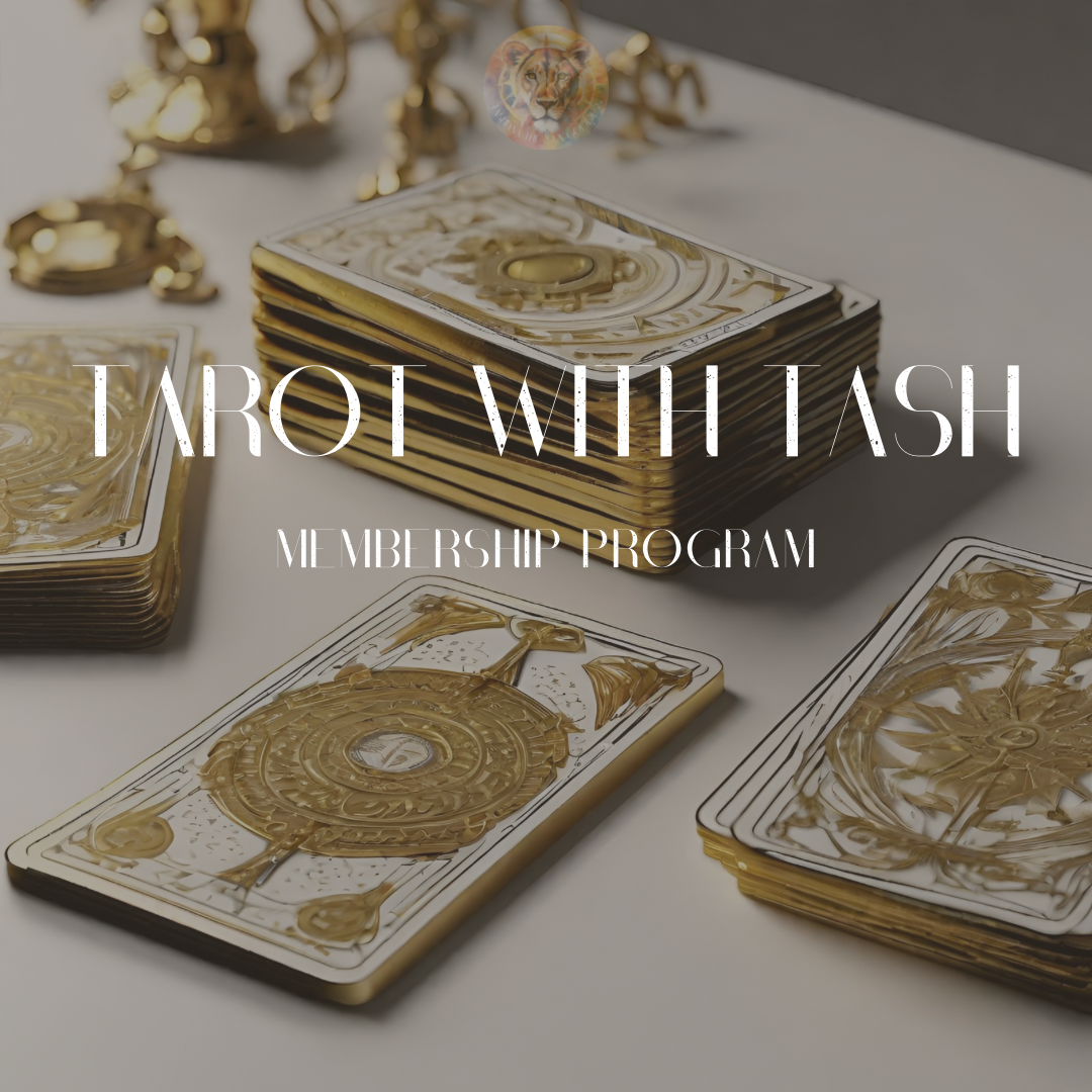 Tarot with Tash membership program graphic image with gold foil trim tarot cards. 