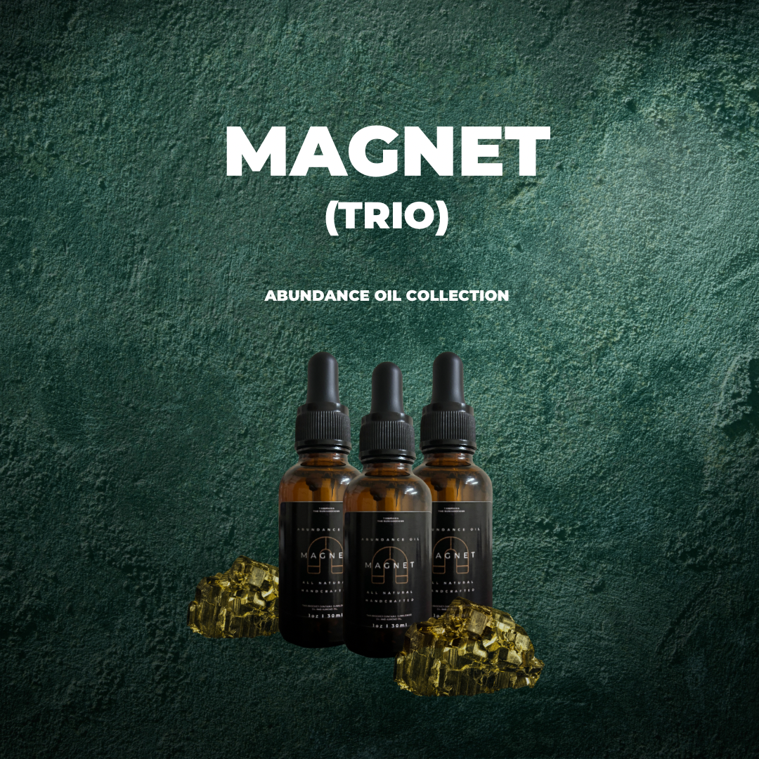 “Magnet Trio” image of 3 bottles of abundance oil and 2 pyrite stones. Handmade Oil
Made by Tashiana The Sun Goddess. Against an emerald green background. 