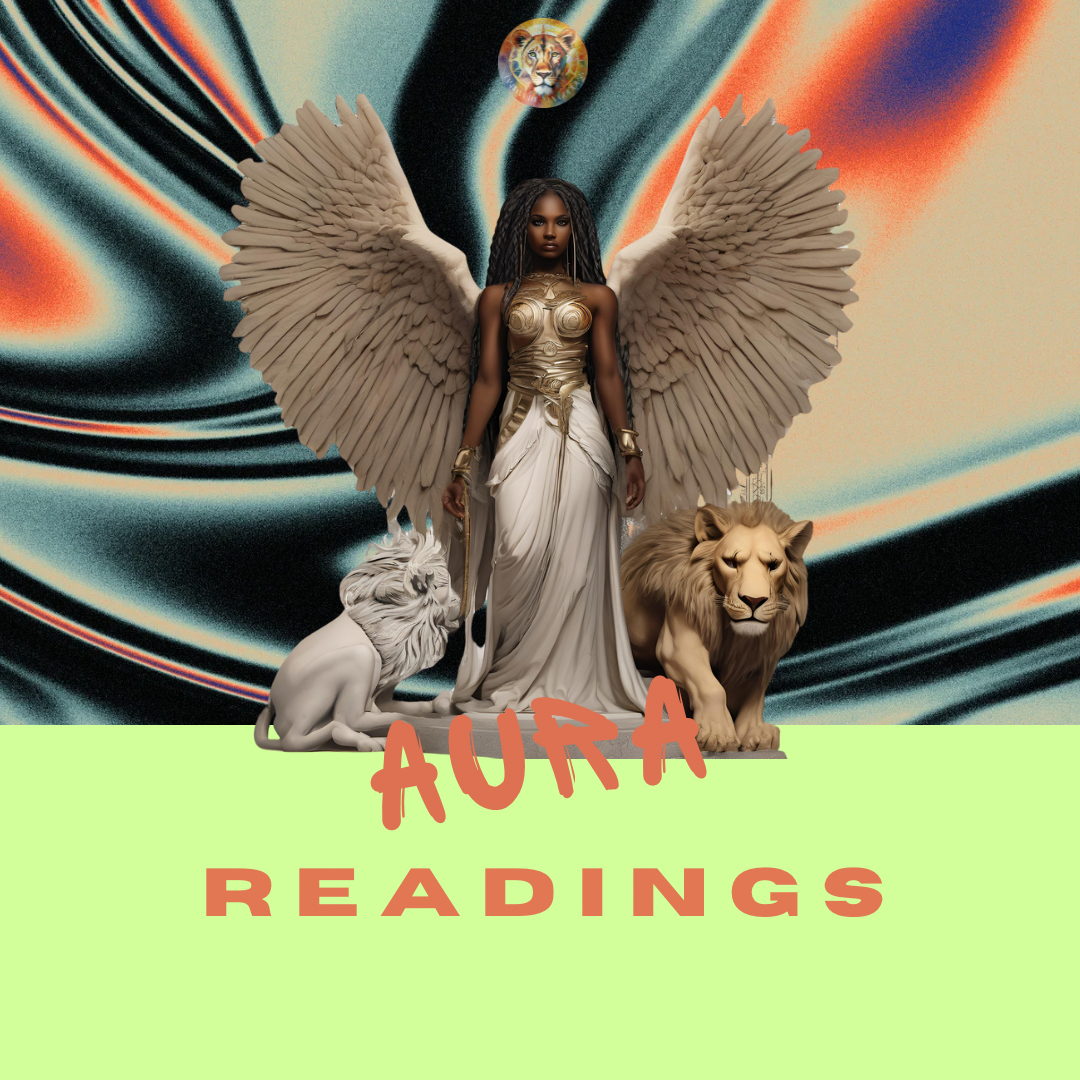 Aura Reading Product Image of Melanated Angel with two lions and auric image behind 