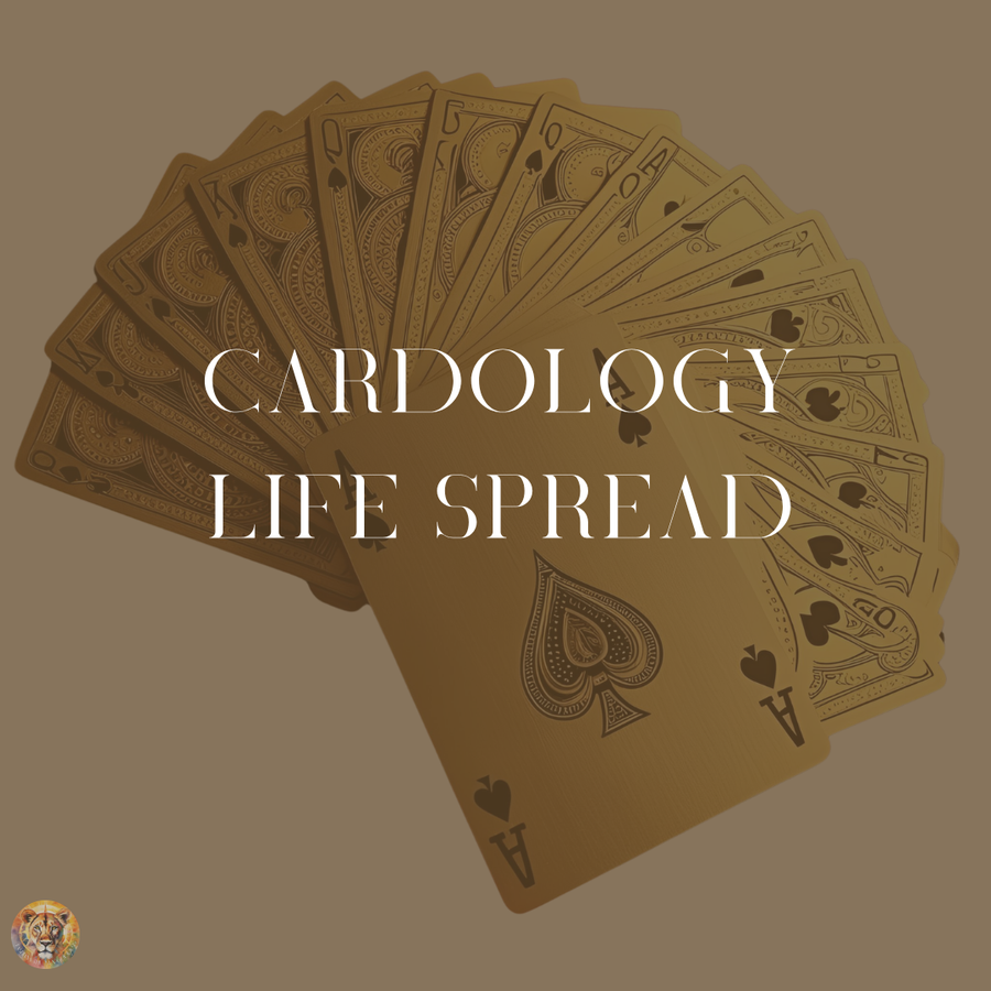 Cardology Life Spread - golden playing cards fanned out